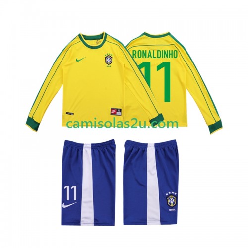 Camisolas de futebol Brasil RONALDINHO 11 Retro Criança Equipamento Principal 1998 Manga Comprida Camisolas de futebol Brasil RONALDINHO 11 Retro Criança Equipamento Principal 1998 Manga Comprida